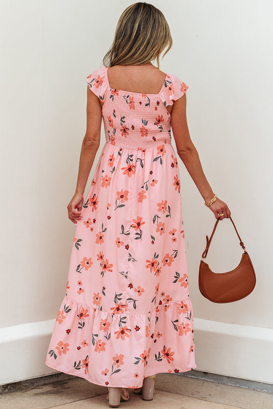 Pink Floral V Neck Smocked High Waist Ruffle Hem Long Dress-Bella Boutique Collective