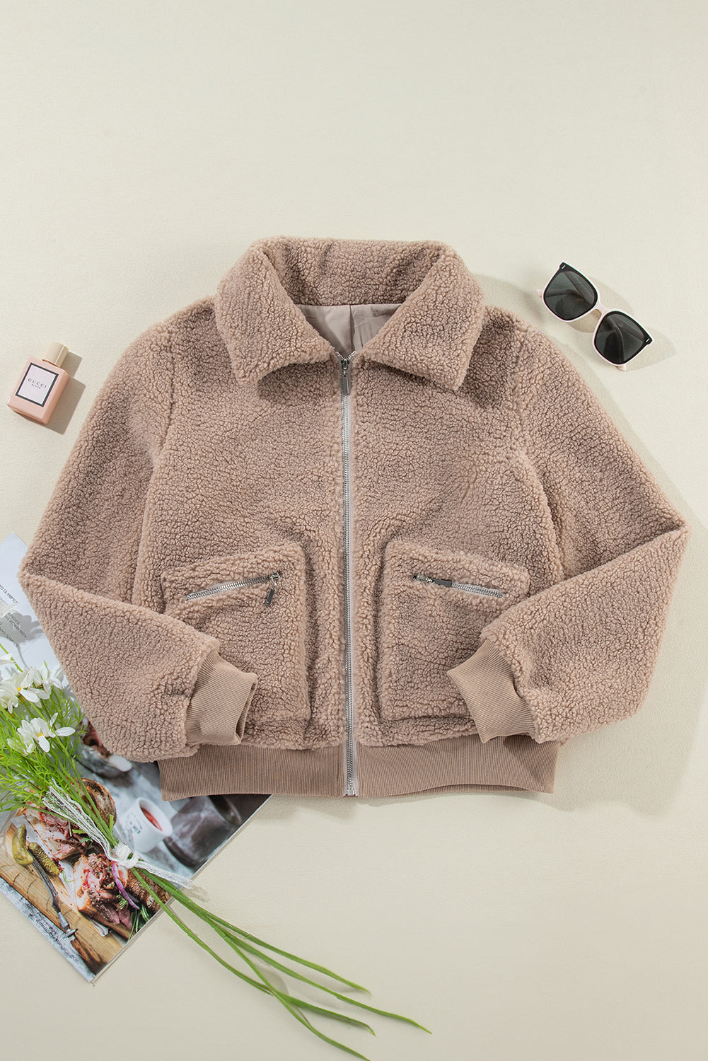 Light French Beige Zipper Pocketed Winter Fuzzy Jacket-Bella Boutique Collective