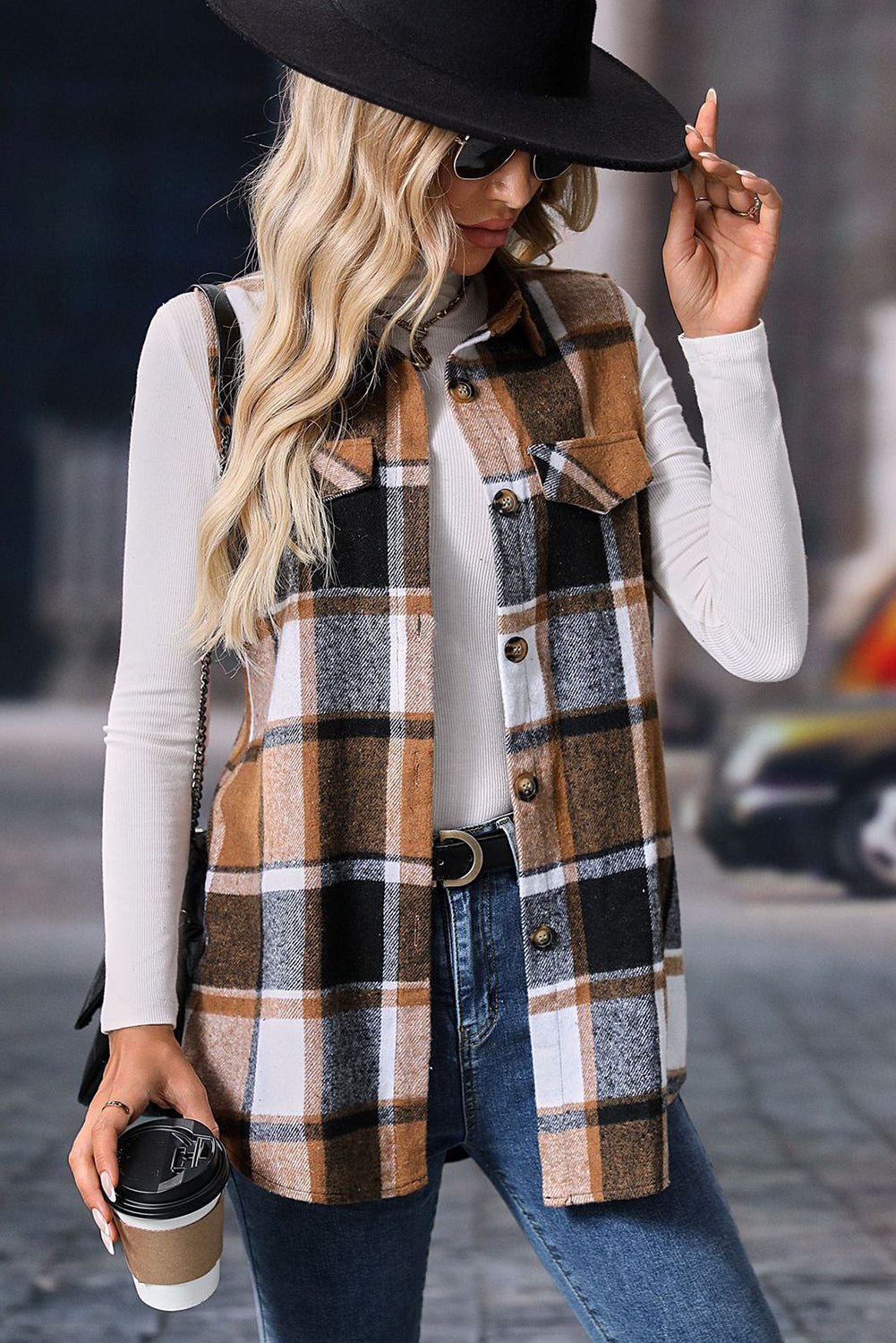Straw Yellow Retro Plaid Button up Collared Vest-Bella Boutique Collective
