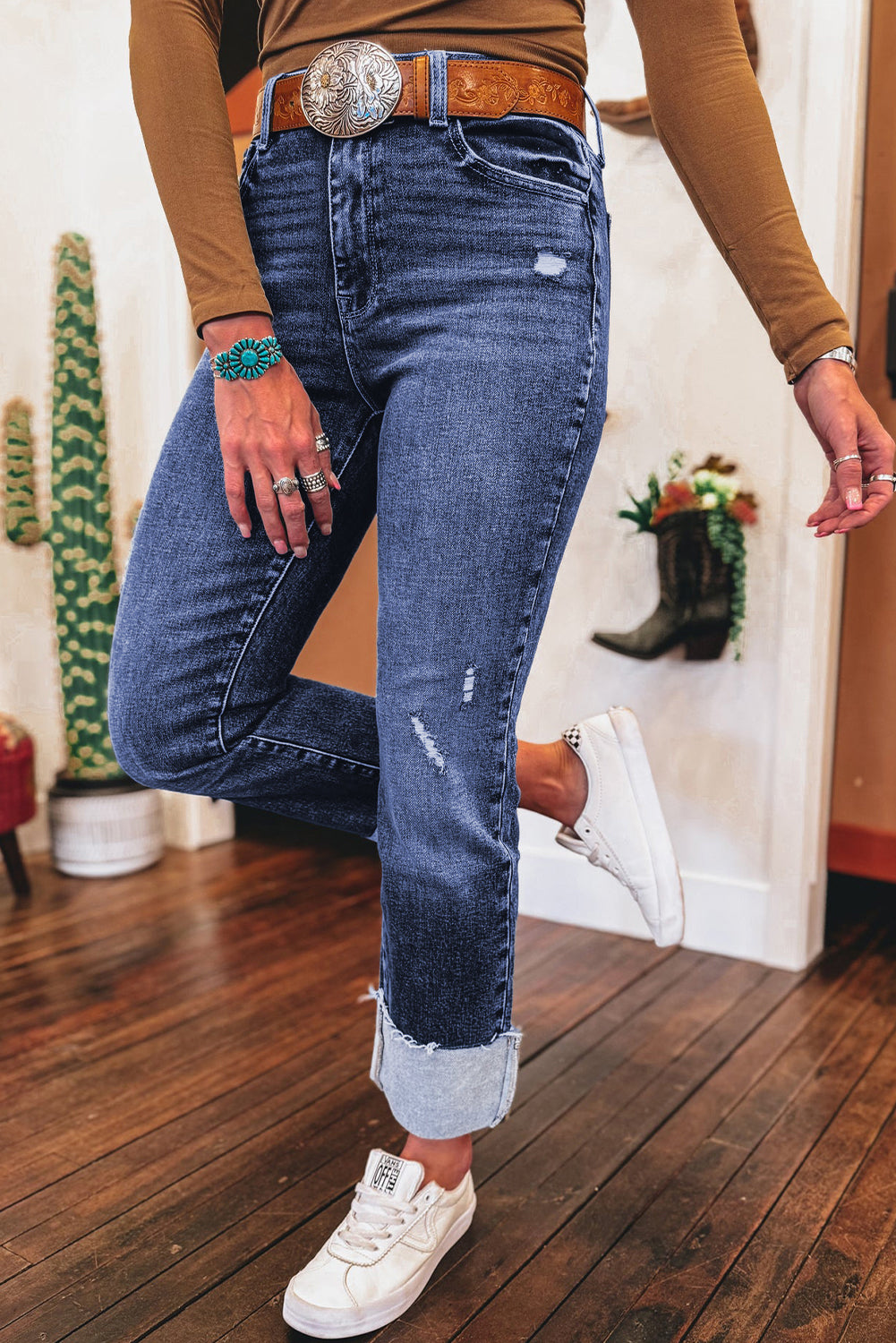 Real Teal Folded Cuffs Distressed Straight High Waist Jeans-Bella Boutique Collective
