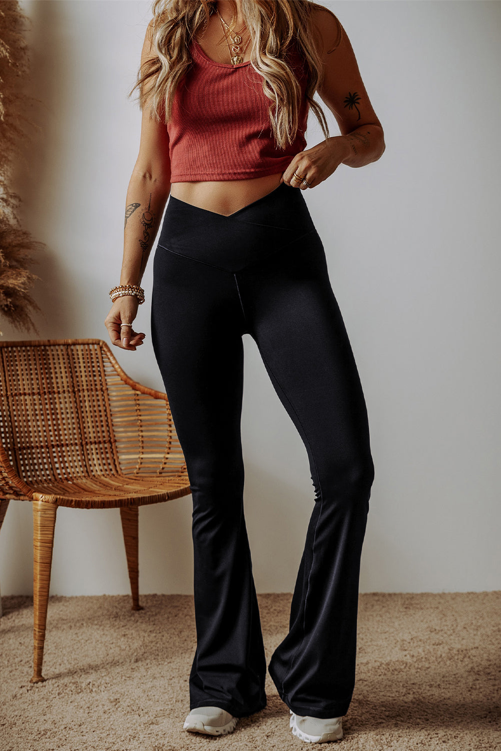 Black V Shape High Waist Flared Leggings-Bella Boutique Collective