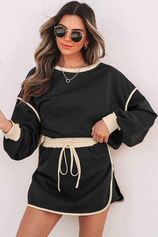 Black Color Contrast Loose Pullover and Lace-up Waist Skort Set-Bella Boutique Collective