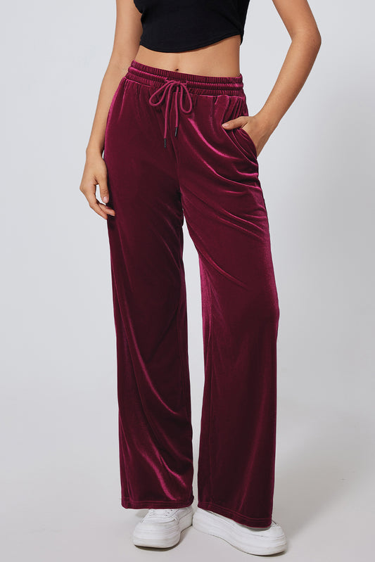 Burgundy Solid Drawstring Waist Wide Leg Pants-Bella Boutique Collective