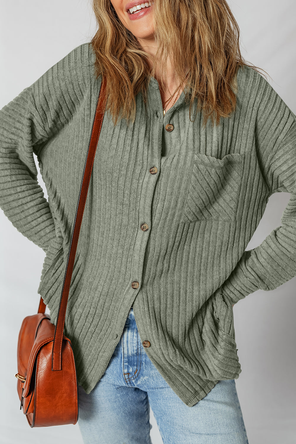 Mist Green Thermal Ribbed Texture Drop Shoulder Button Up Shacket-Bella Boutique Collective