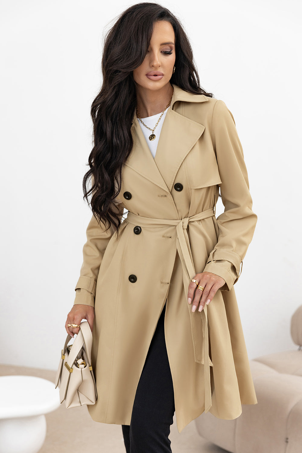 Pale Khaki Solid Color Lapel Collar Waist Tie Wind Coat-Bella Boutique Collective