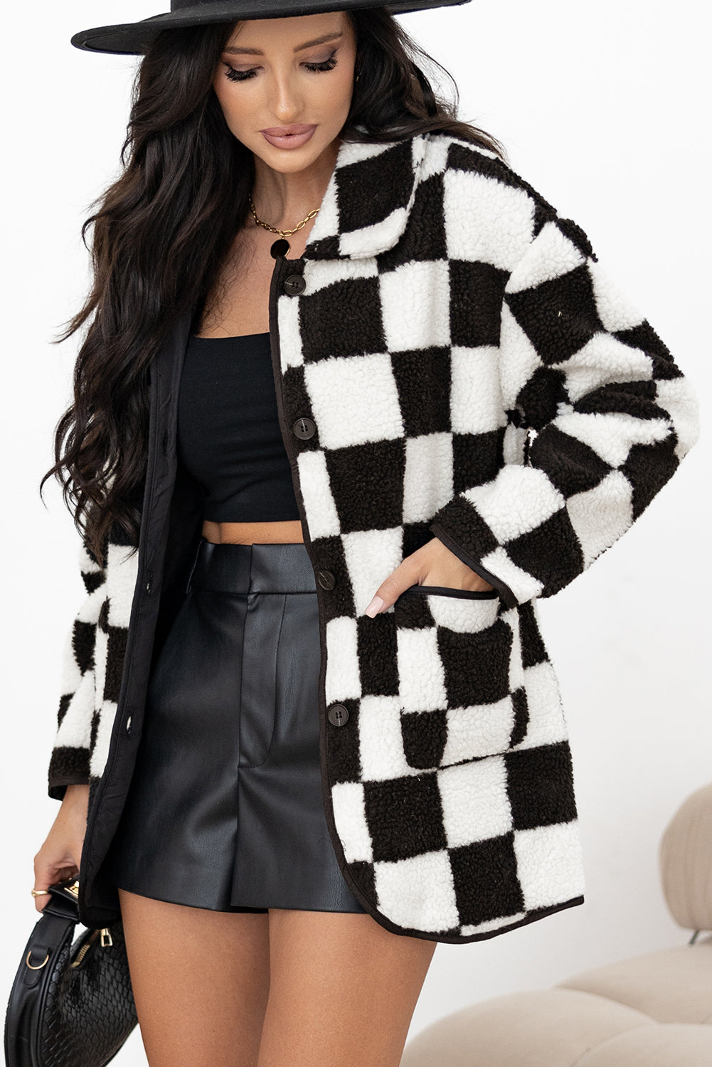 Black Checkered Side Pockets Collared Buttoned Fleece Jacket-Bella Boutique Collective