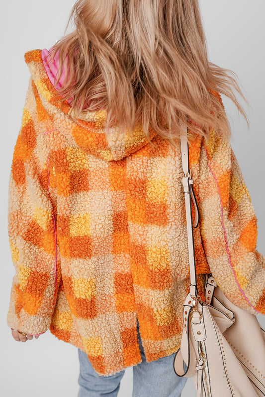 Orange Checkered Sherpa Hooded Jacket-Bella Boutique Collective