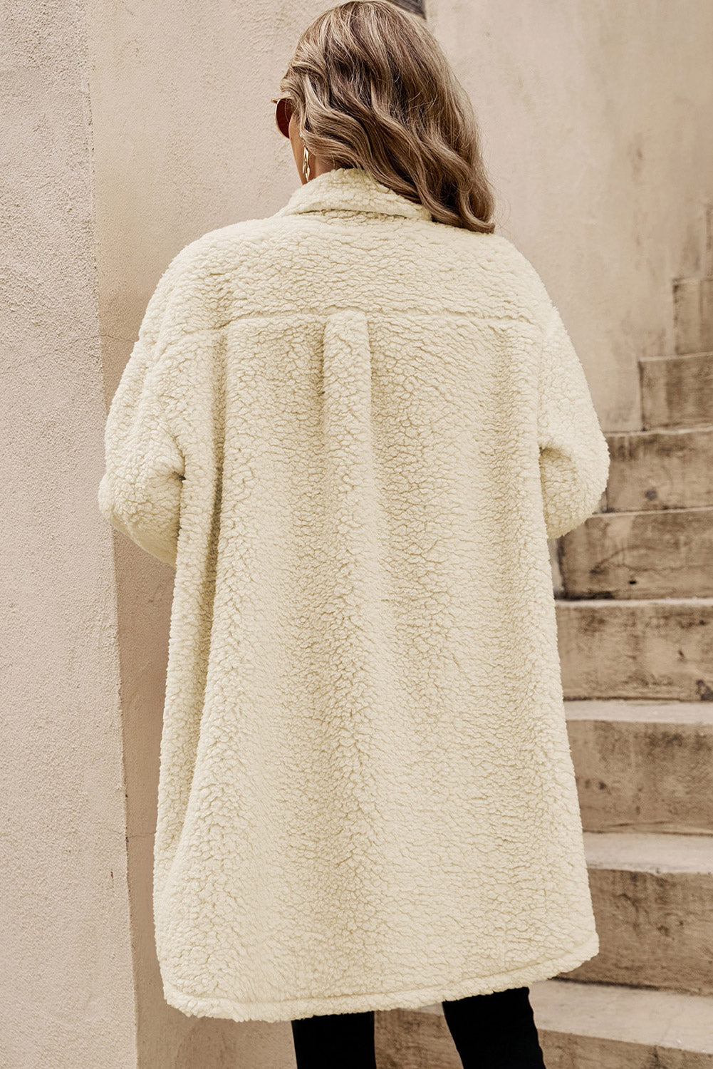 Beige Contrast Flap Pocket Single Breasted Teddy Coat-Bella Boutique Collective