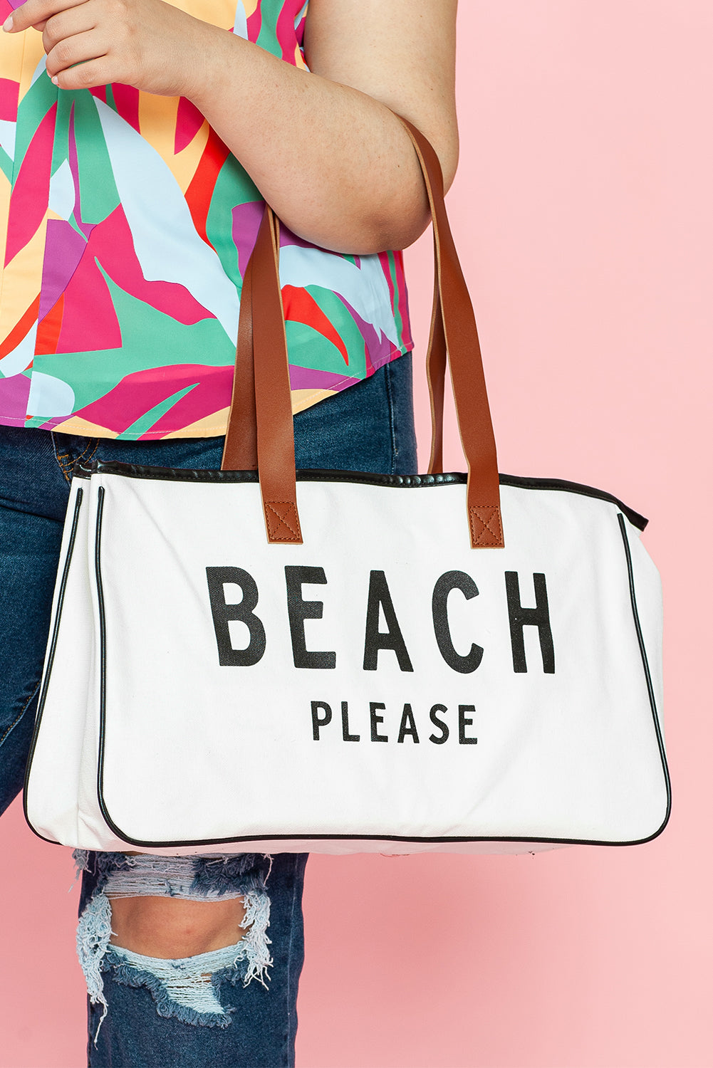 White BEACH PLEASE Print Large Canvas Tote Bag-Bella Boutique Collective