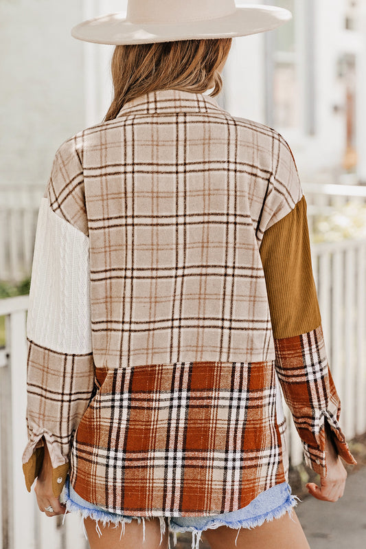 Orange Plaid Color Block Patchwork Shirt Jacket with Pocket-Bella Boutique Collective
