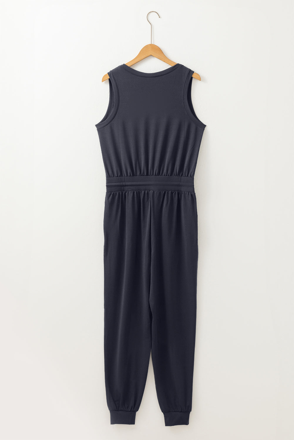 Black Casual Tank Style Tie Waist Pocketed Jogger Jumpsuit-Bella Boutique Collective