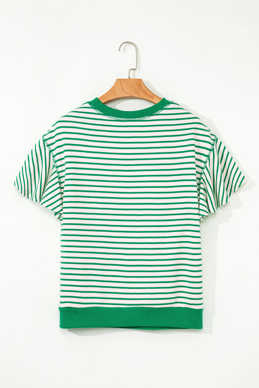 Bright Green Contrast Detail Striped Ruffle Short Sleeve Top-Bella Boutique Collective
