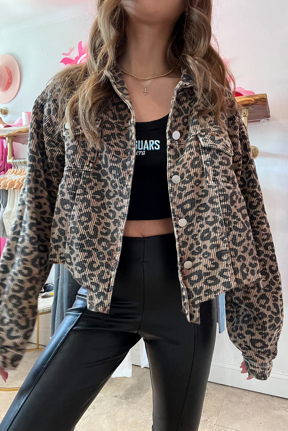 Dark Khaki Leopard Print Corduroy Irregular Hem Buttoned Jacket-Bella Boutique Collective