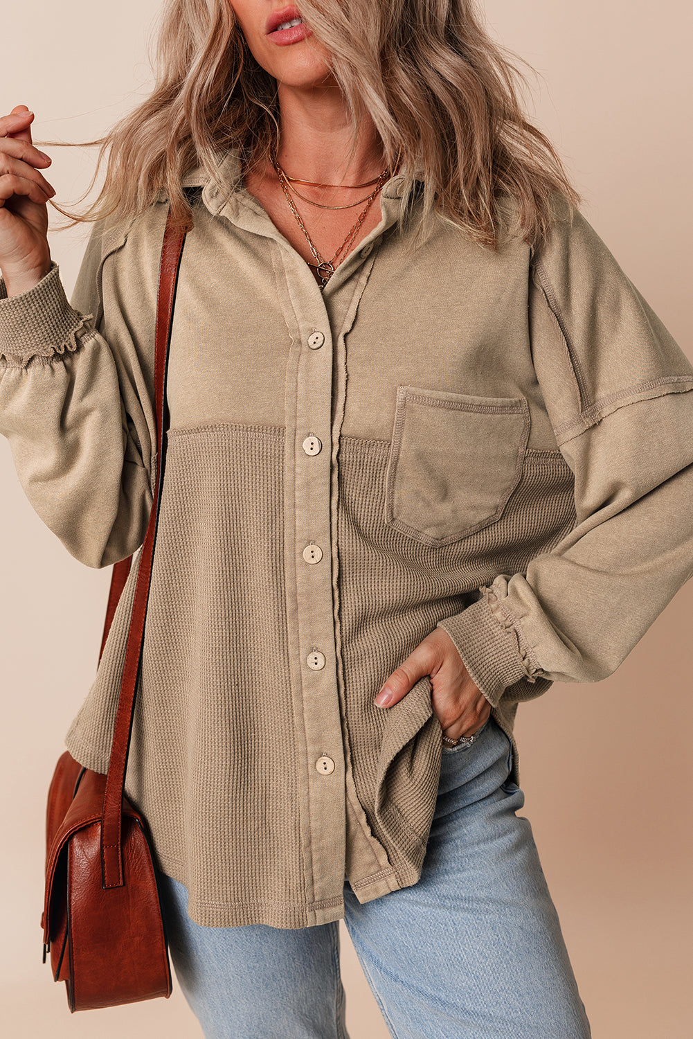 Goat Mineral Wash Textured Patchwork Loose Fit Shacket-Bella Boutique Collective