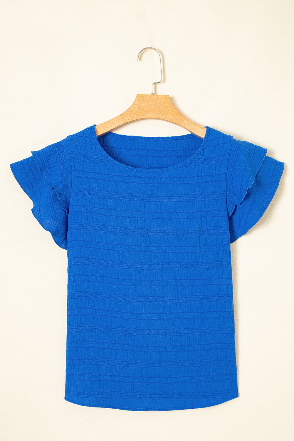 Dark Blue Textured Ruffled Sleeve Round Neck Top-Bella Boutique Collective