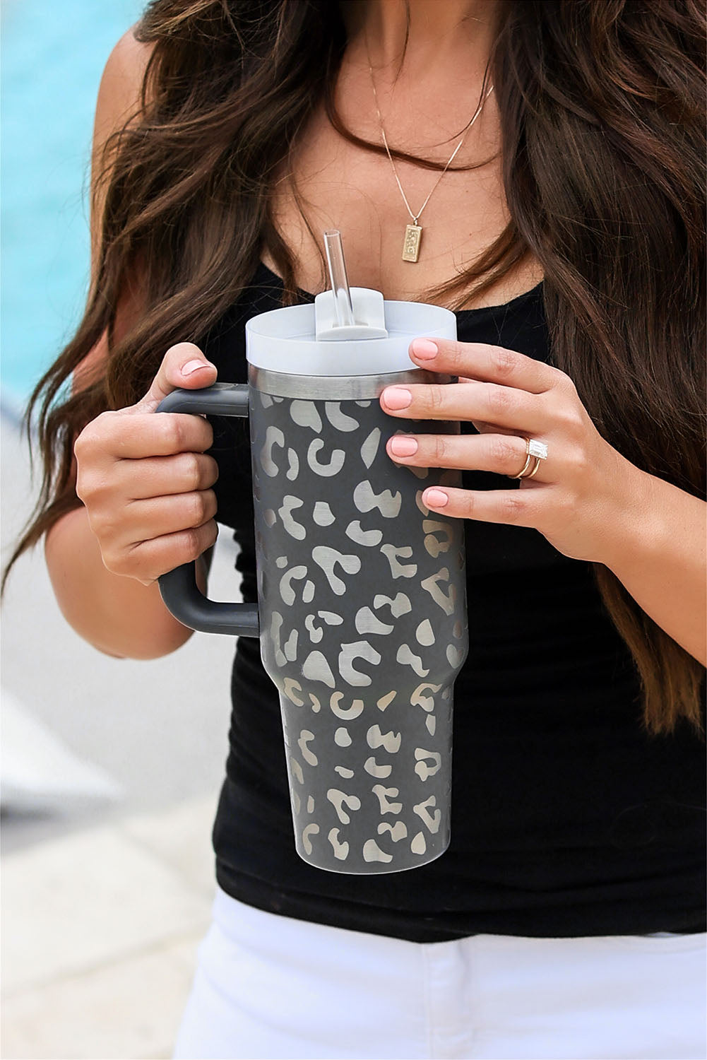 Gray Leopard Print 40OZ Stainless Steel Portable Cup with Handle-Bella Boutique Collective