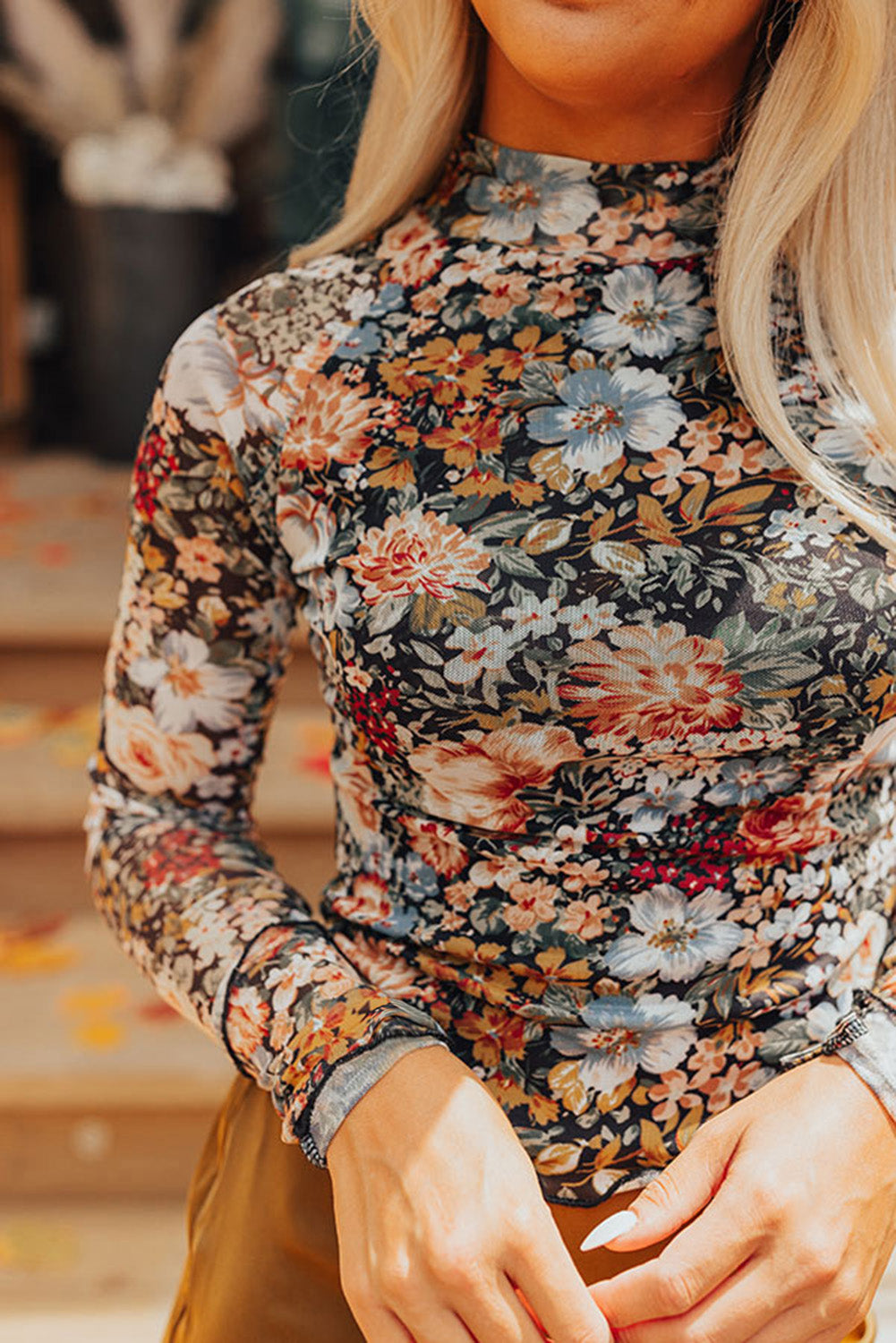 Brown Floral Long Sleeve High Neck Sheath Mesh Blouse-Bella Boutique Collective