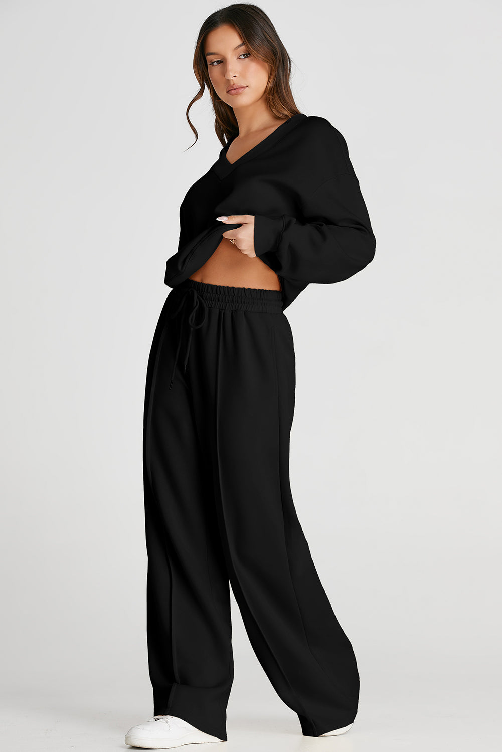 Black V Neck Cropped Seamed High Waist Sports Wear-Bella Boutique Collective