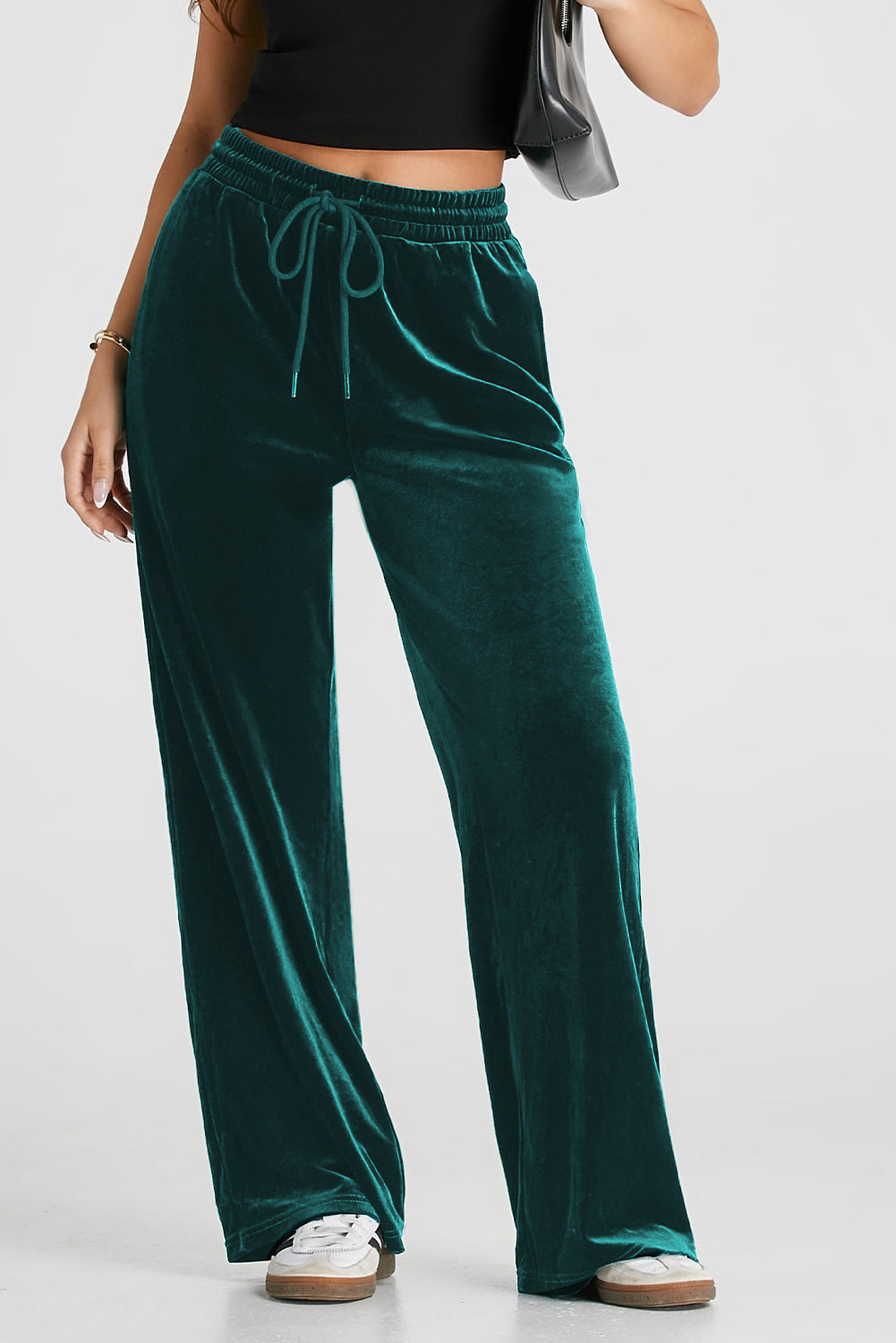 Evergreen Solid Drawstring Waist Wide Leg Pants-Bella Boutique Collective