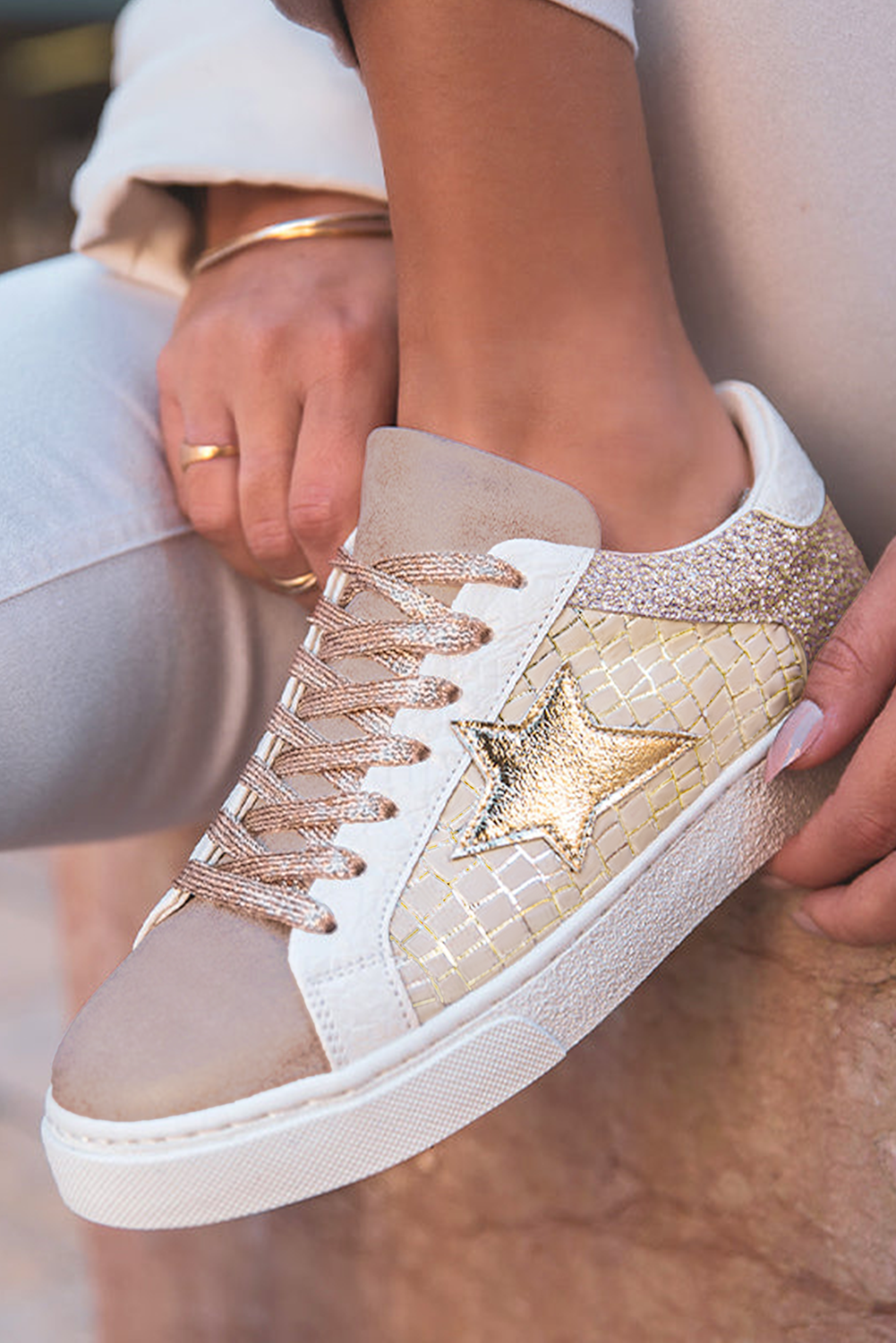 Gold Glitter Star Patchwork PU Leather Lace-up Sneakers-Bella Boutique Collective