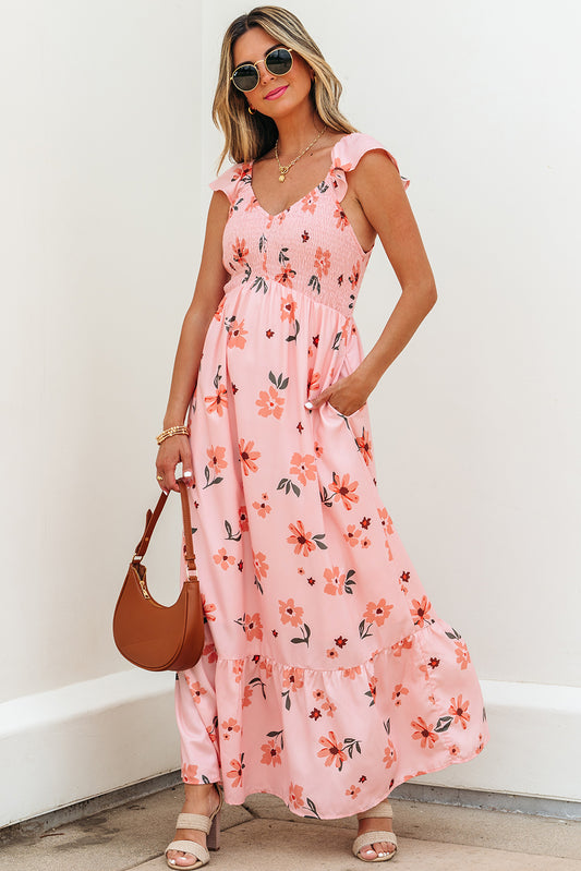 Pink Floral V Neck Smocked High Waist Ruffle Hem Long Dress-Bella Boutique Collective