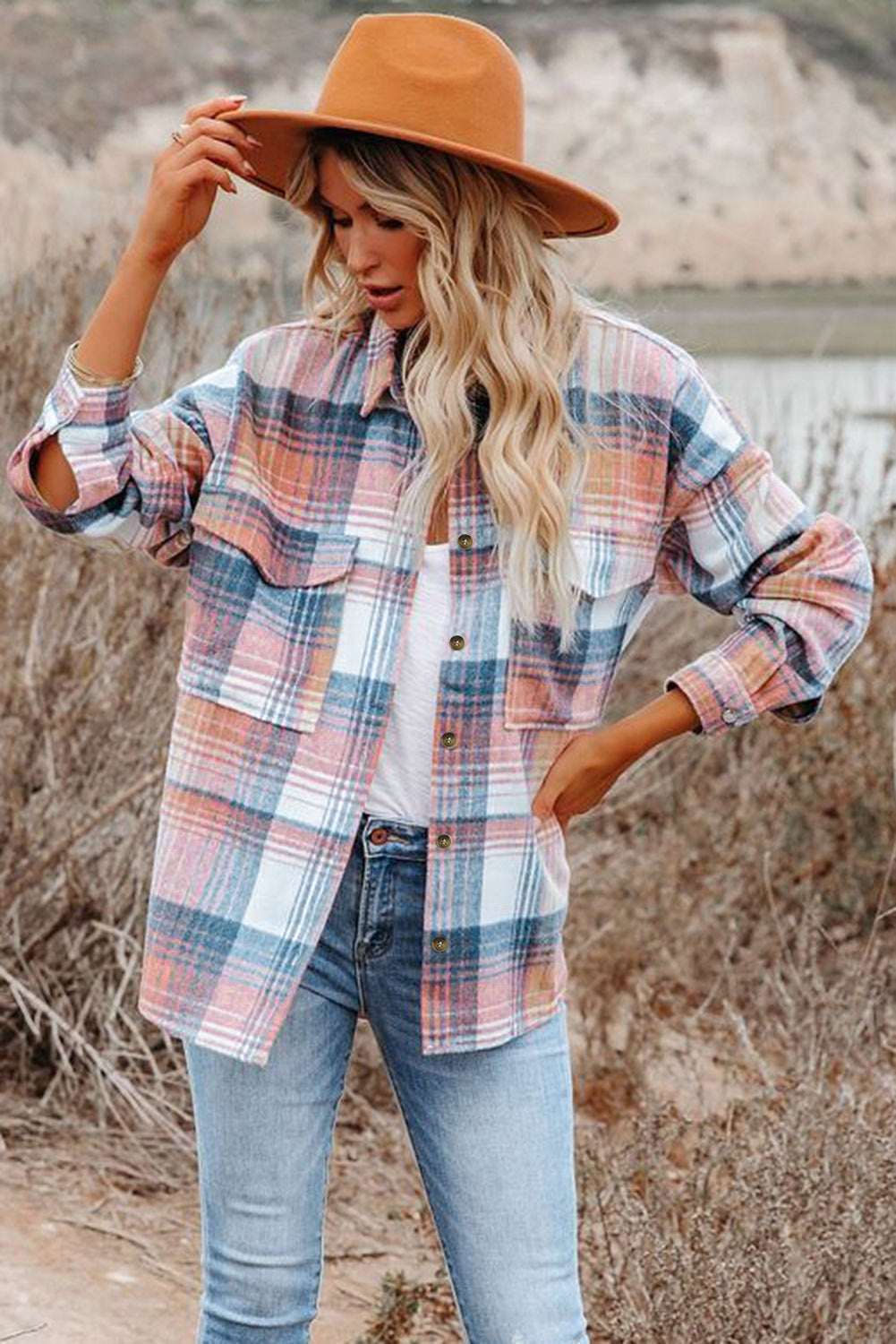 Pink Black/Pink Plaid Flap Pockets Shacket-Bella Boutique Collective