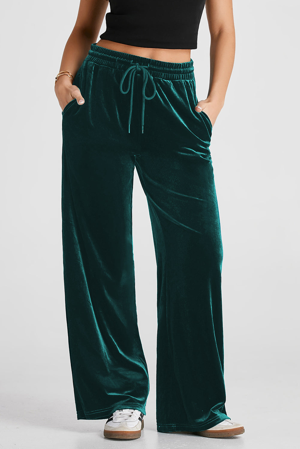 Evergreen Solid Drawstring Waist Wide Leg Pants-Bella Boutique Collective