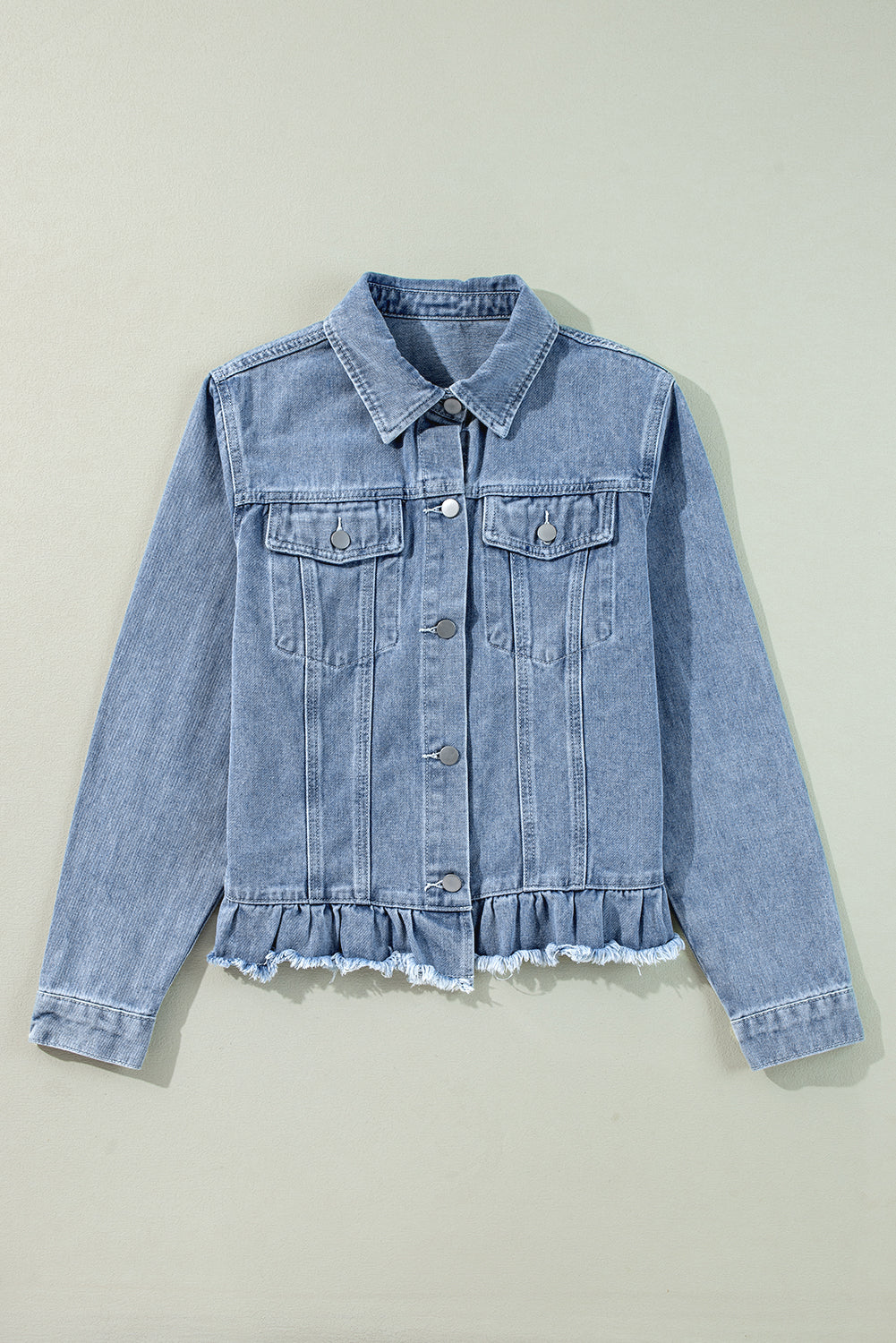 Beau Blue Ruffle Raw Hem Flap Pockets Denim Jacket-Bella Boutique Collective