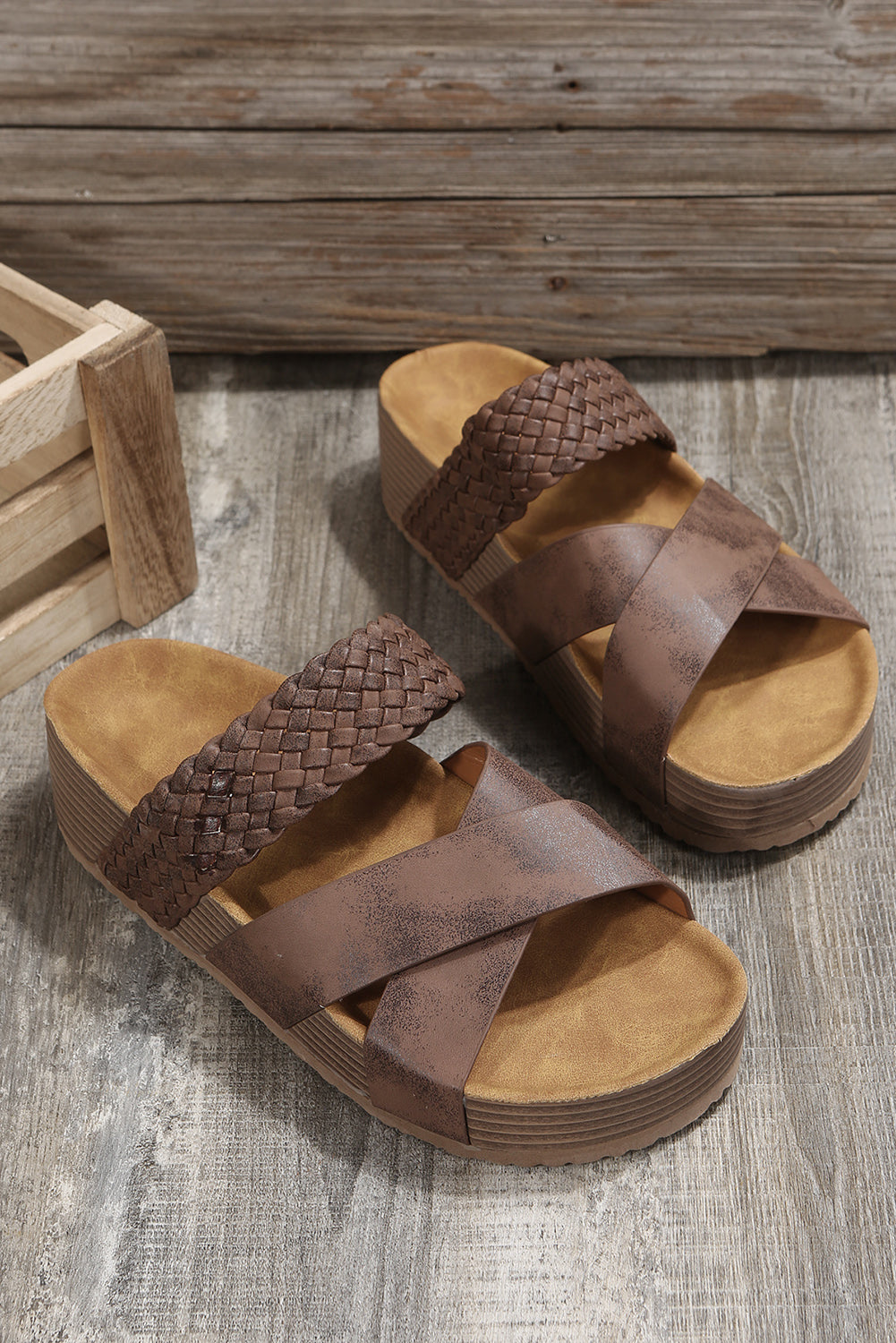 Brown Braided Detail Criss Cross Platform Slippers-Bella Boutique Collective