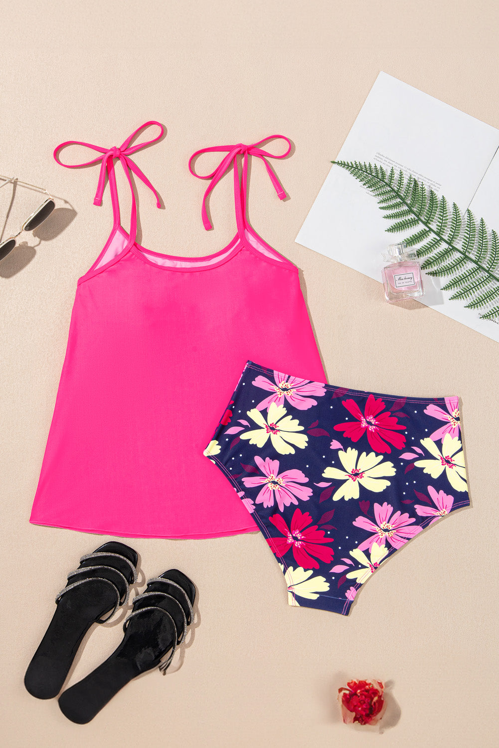 Rose Red Tie Shoulder Floral Print Cute Tankini Set-Bella Boutique Collective