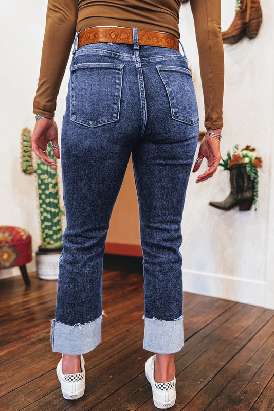 Real Teal Folded Cuffs Distressed Straight High Waist Jeans-Bella Boutique Collective