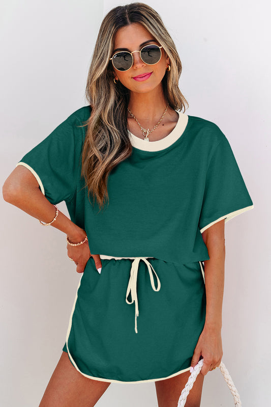 Evergreen Colorblock Edge Drop Shoulder T Shirt and Skort 2Pcs Set-Bella Boutique Collective