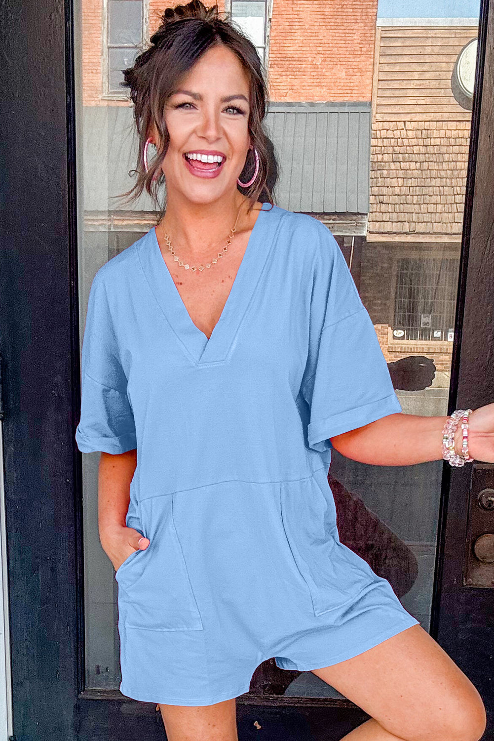 Myosotis Loose Half Sleeve V Neck Knit Romper-Bella Boutique Collective