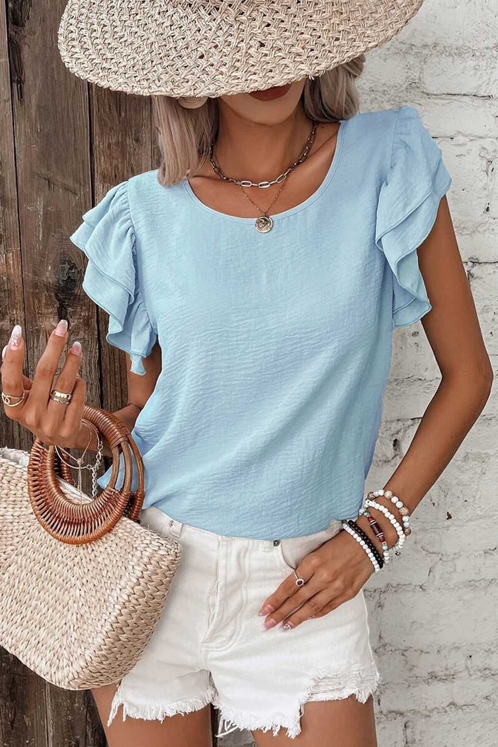 Mist Blue Solid Color Ruffled Short Sleeve Casual Blouse-Bella Boutique Collective