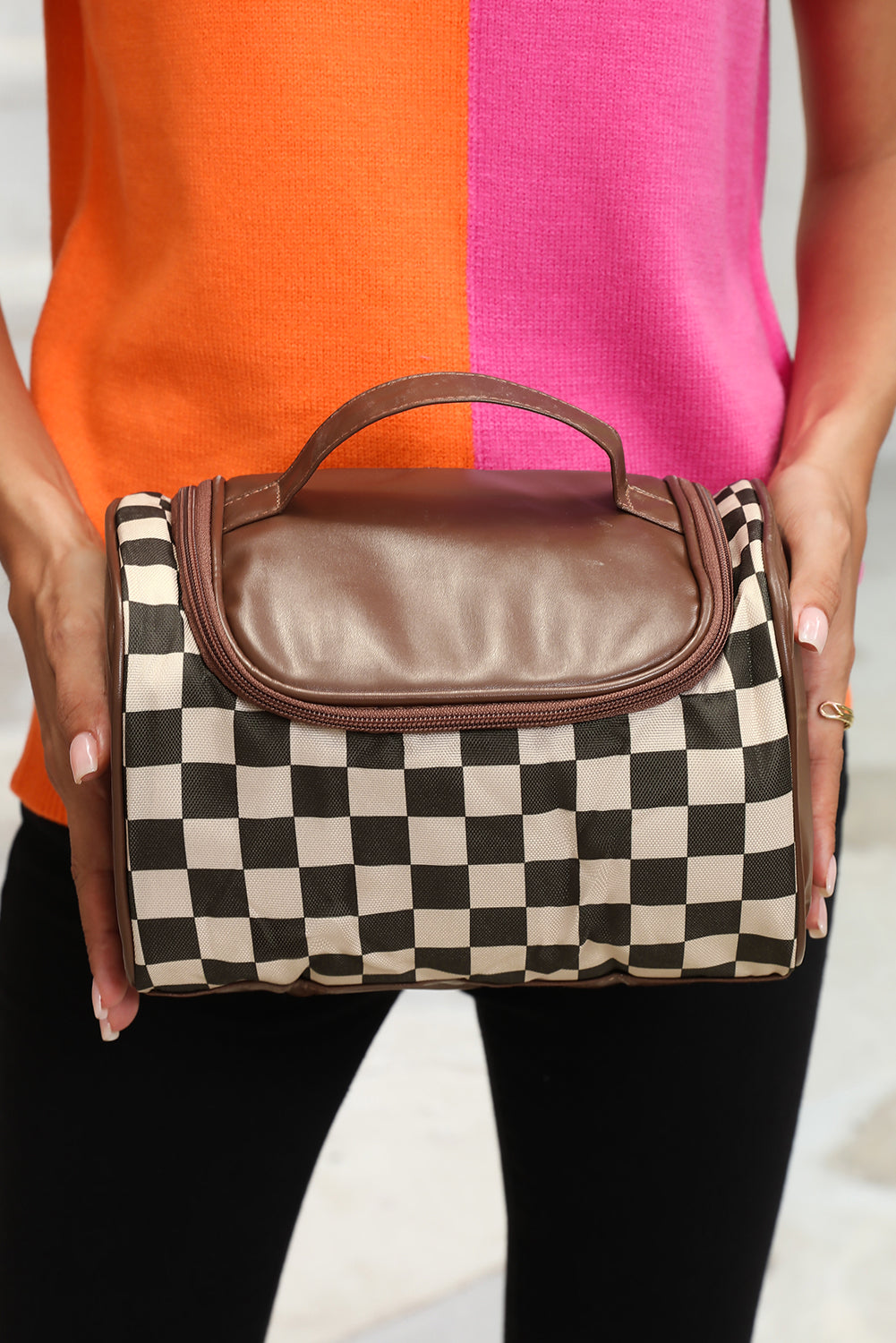 Black Checkered PU Leather Zipper Makeup Bag-Bella Boutique Collective