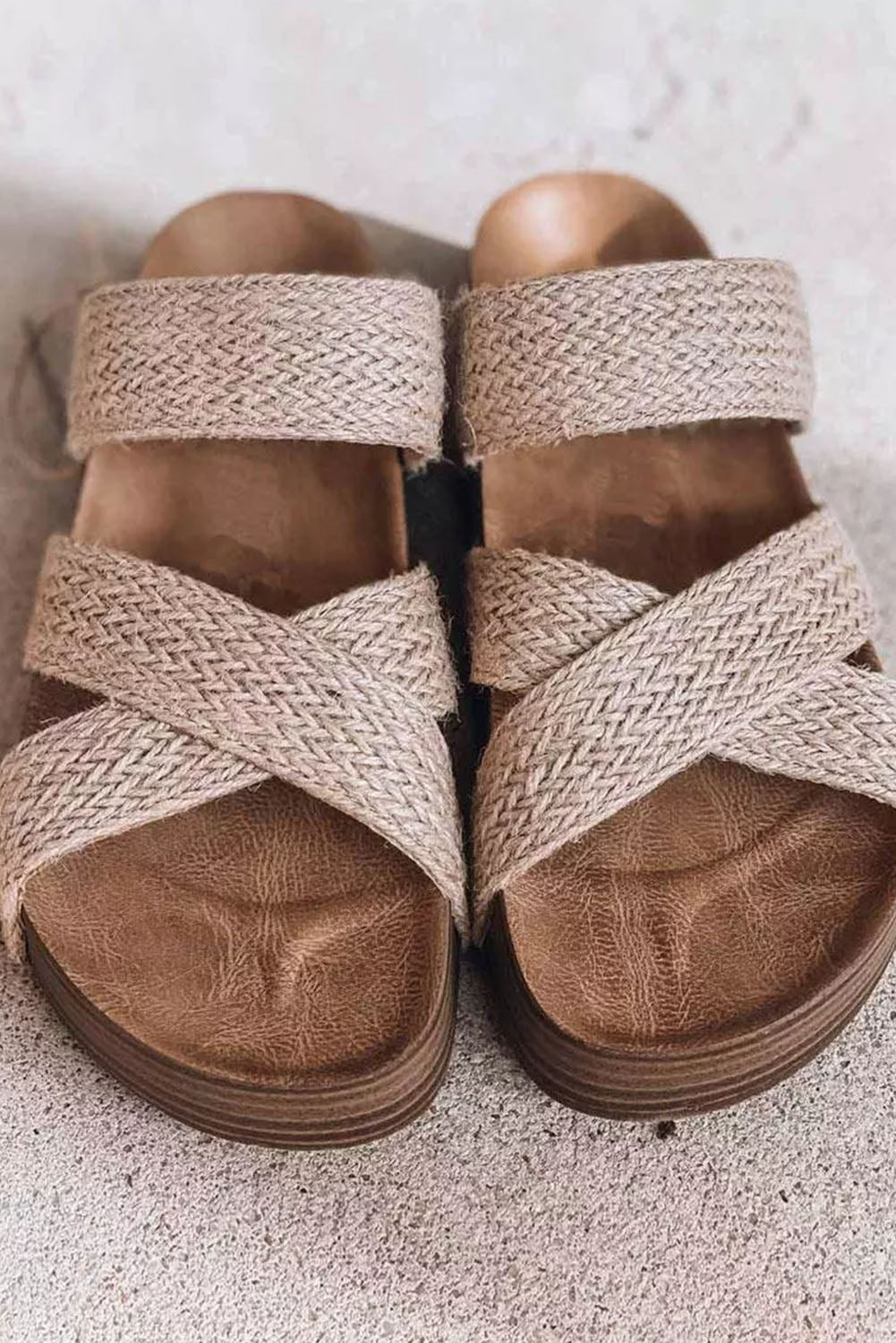 Beige Woven Cross Criss Hollowed Slip-On Slippers-Bella Boutique Collective