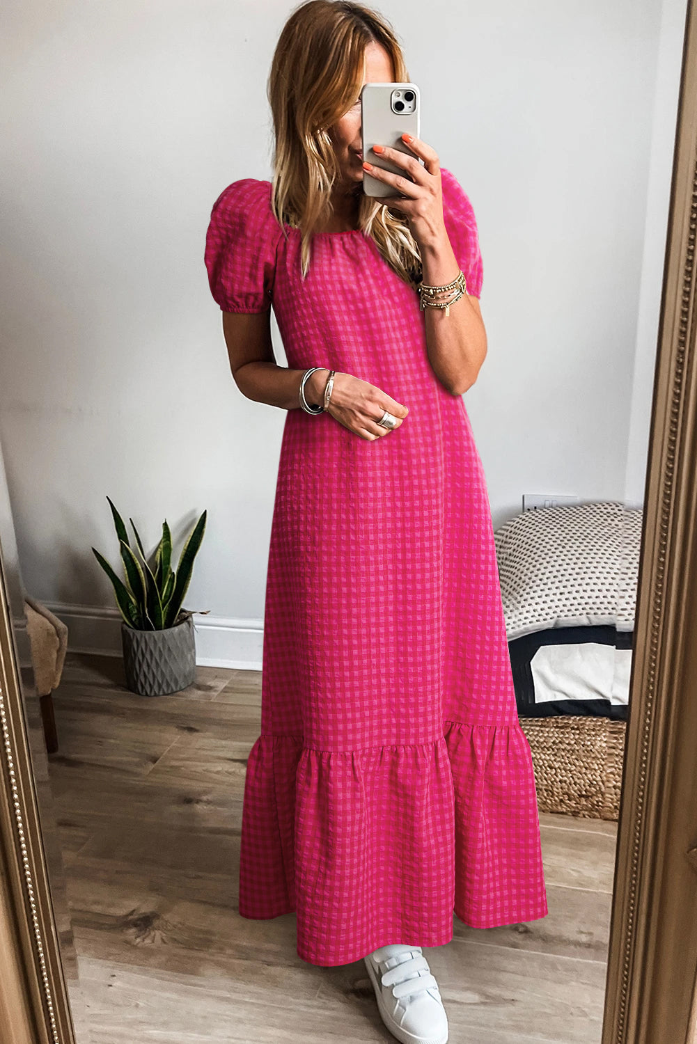 Rose Ginham Check Bubble Sleeve Ruffled Maxi Dress-Bella Boutique Collective