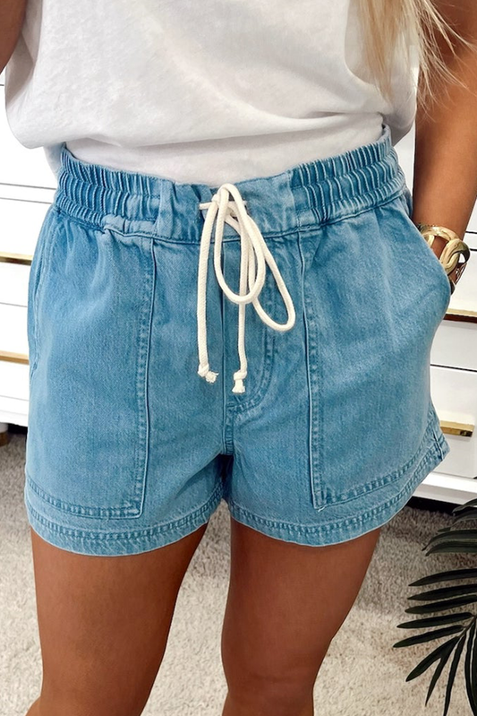 Beau Blue Contrast Drawstring Elastic Waist Denim Shorts-Bella Boutique Collective