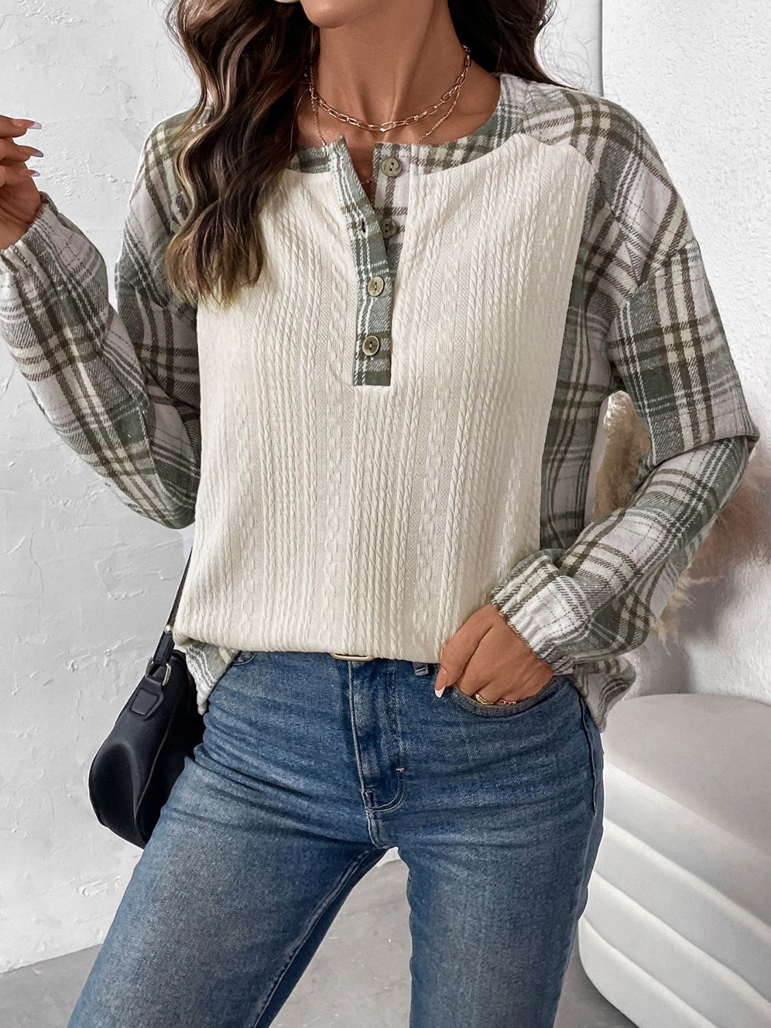 Perfee Plaid Half Button Long Sleeve T-Shirt-Bella Boutique Collective