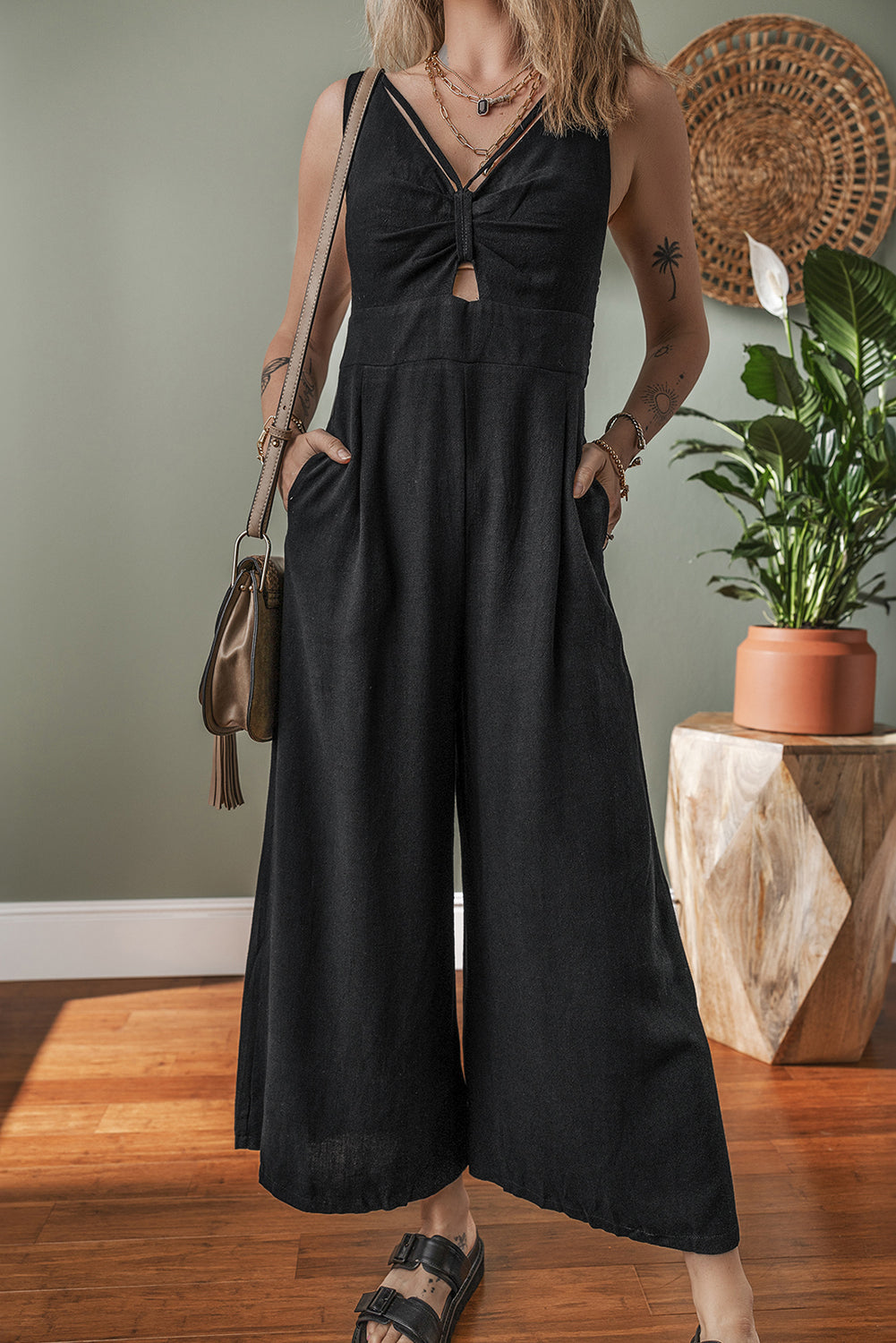Black Front Cut Out Smocked Back Sleeveless Wide Leg Jumpsuit-Bella Boutique Collective