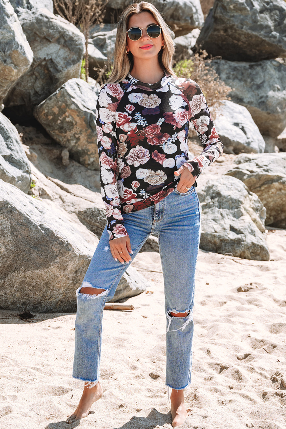 Pink Mesh Floral Print Mock Neck Long Sleeve Slim Top-Bella Boutique Collective