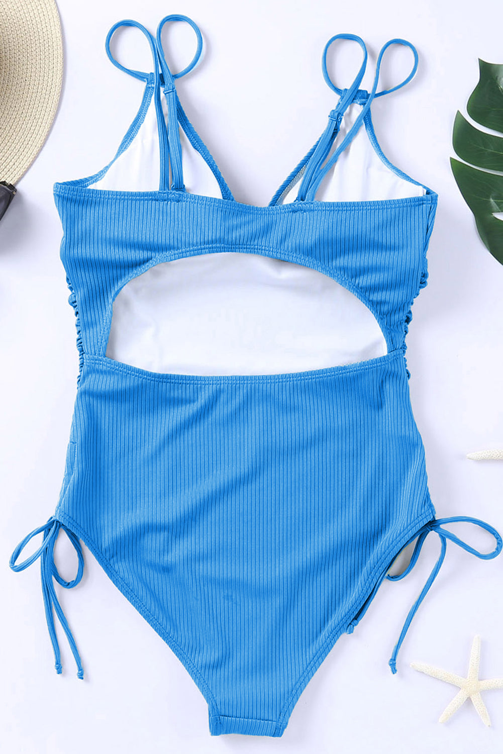 Sky Blue Adjustable Straps Ribbed Knit One Piece Swimsuit-Bella Boutique Collective