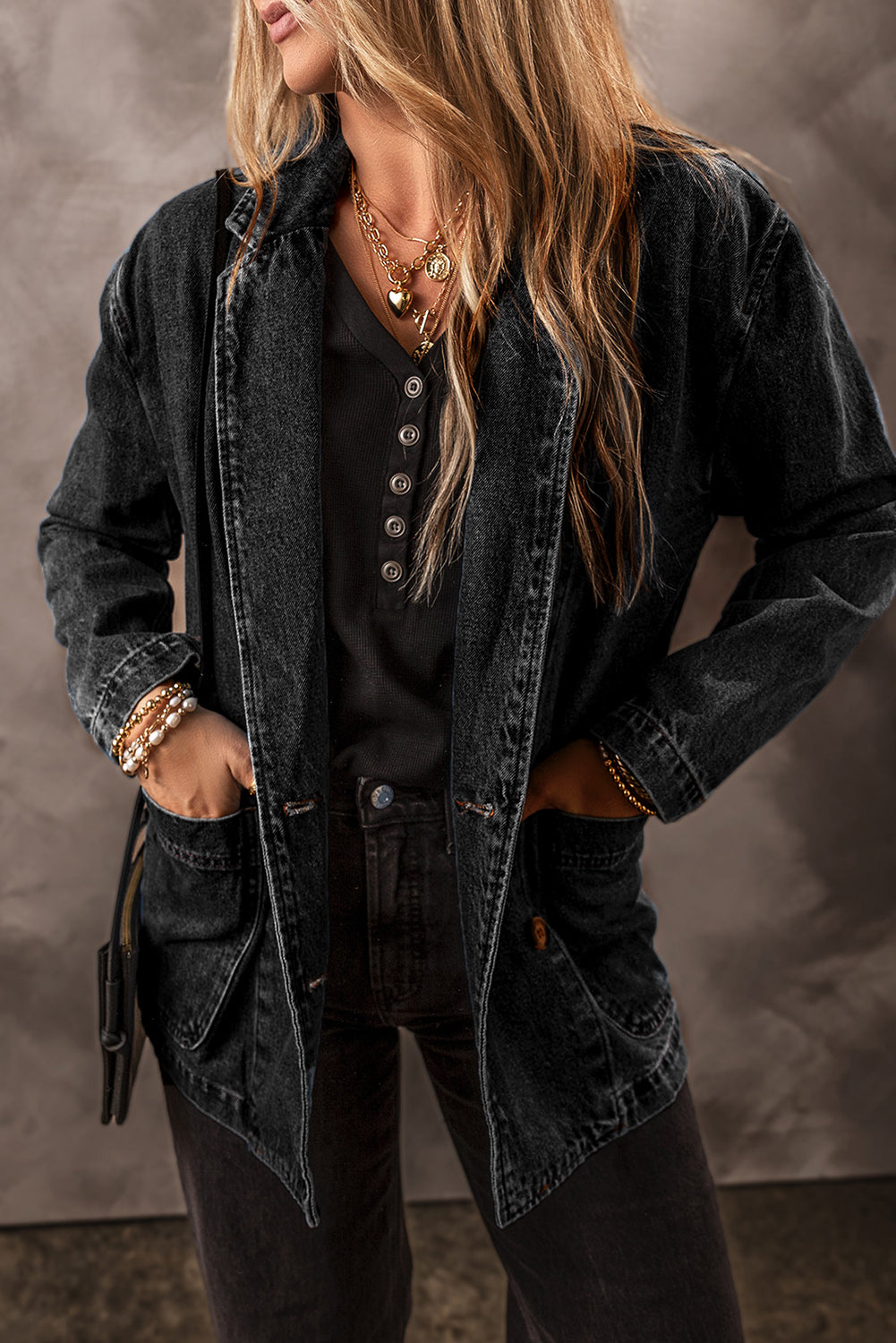 Black Side Pockets Lapel Collar Denim Jacket-Bella Boutique Collective