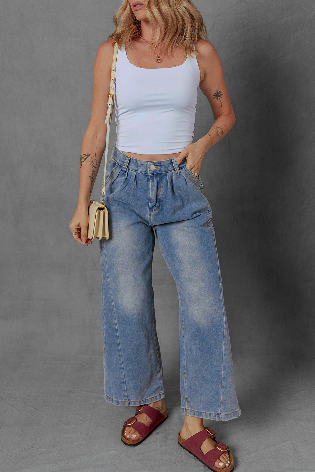 Ashleigh Blue Washed Pleated Detail Wide Leg Jeans-Bella Boutique Collective