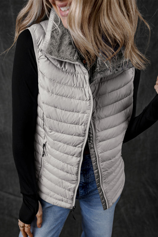 Silvery Plush Collared Quilted Zipped Puffer Vest-Bella Boutique Collective