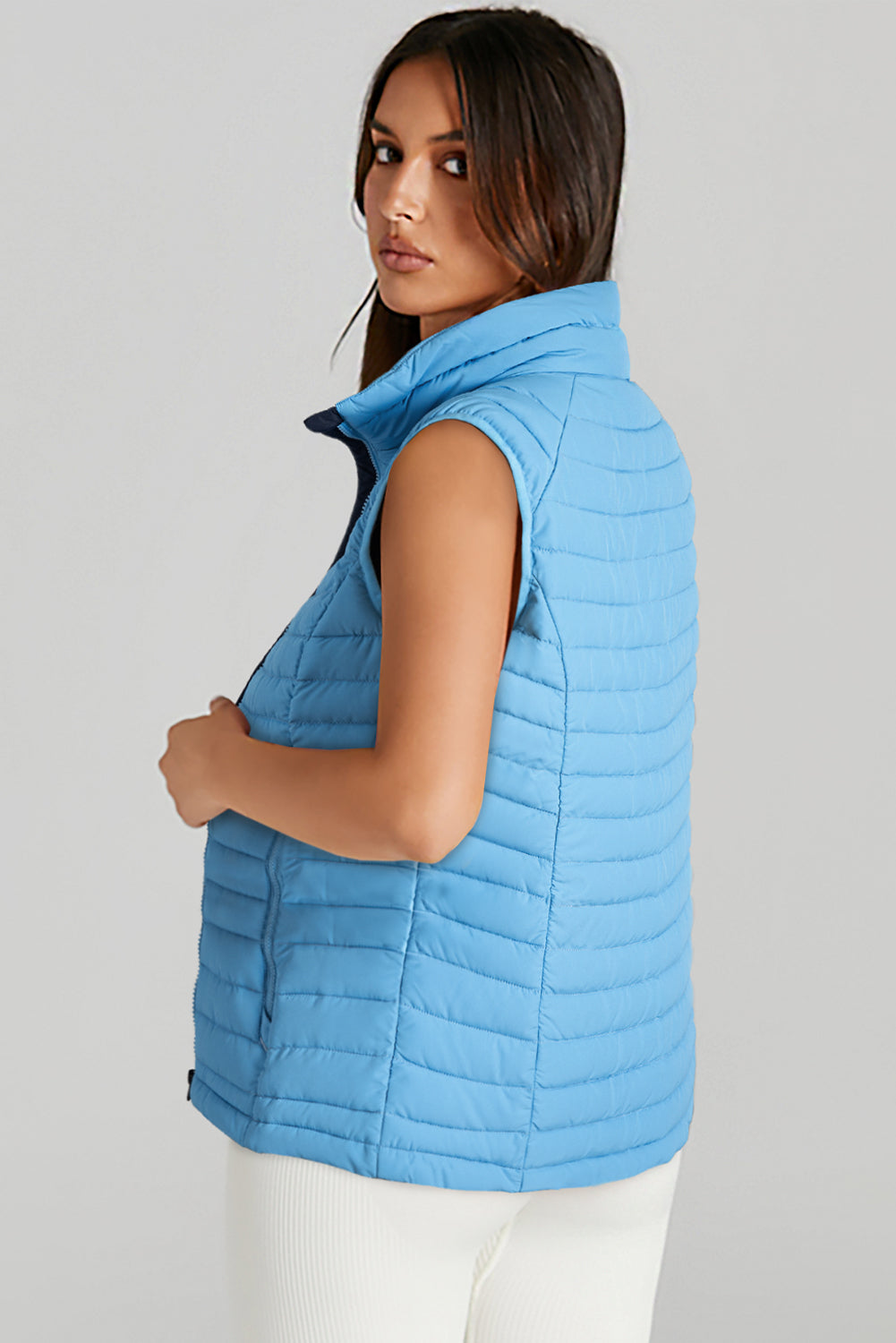 Sky Blue Plush Collared Quilted Zipped Puffer Vest-Bella Boutique Collective
