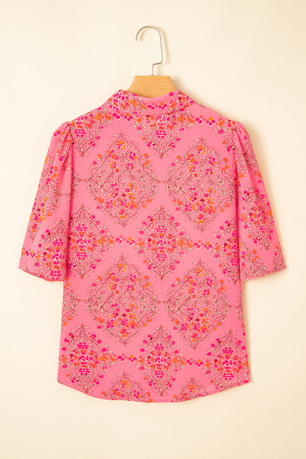 Rose Red Floral Print Wide Short Sleeve Loose Shirt-Bella Boutique Collective