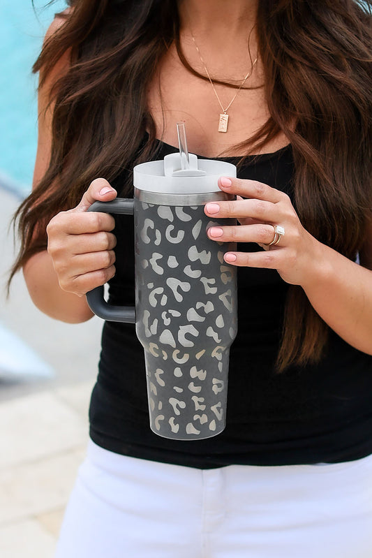 Gray Leopard Print 40OZ Stainless Steel Portable Cup with Handle-Bella Boutique Collective
