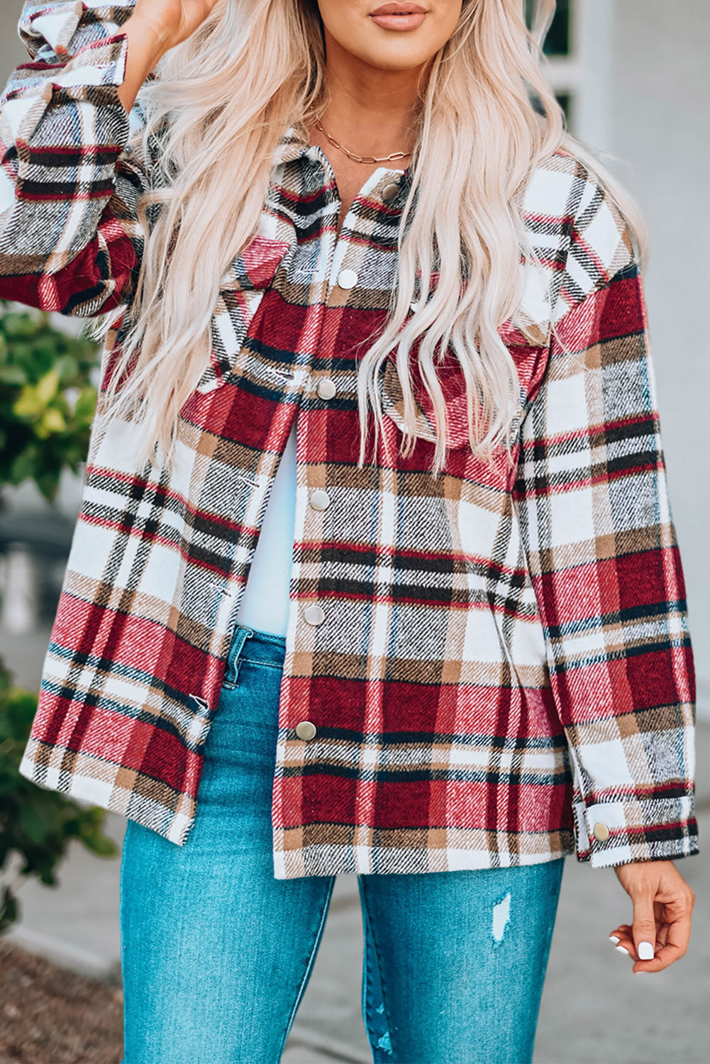 Fiery Red Geometric Plaid Print Pocketed Shacket-Bella Boutique Collective