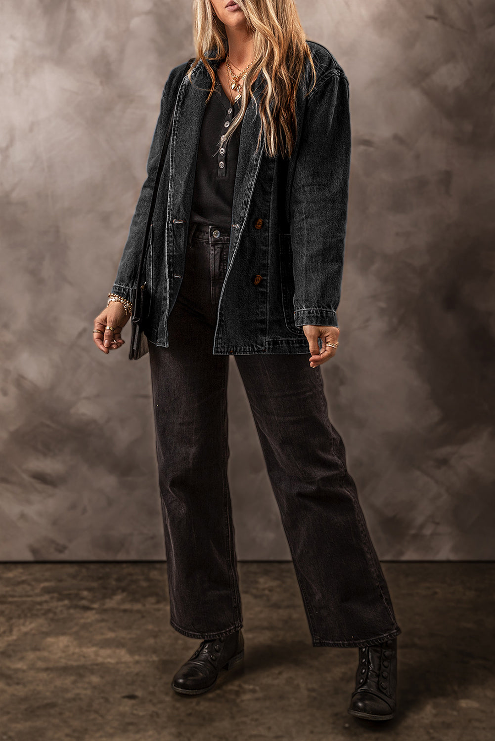 Black Side Pockets Lapel Collar Denim Jacket-Bella Boutique Collective